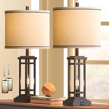 27.5 Tall Farmhouse Table Lamps with USB C  USB A Charge Ports, Set of 2, Black