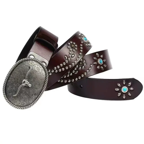 Real Leather Waist Belt Heavy Metal Stone Rivet Studded Unisex Punk Waistband - Picture 3 of 28