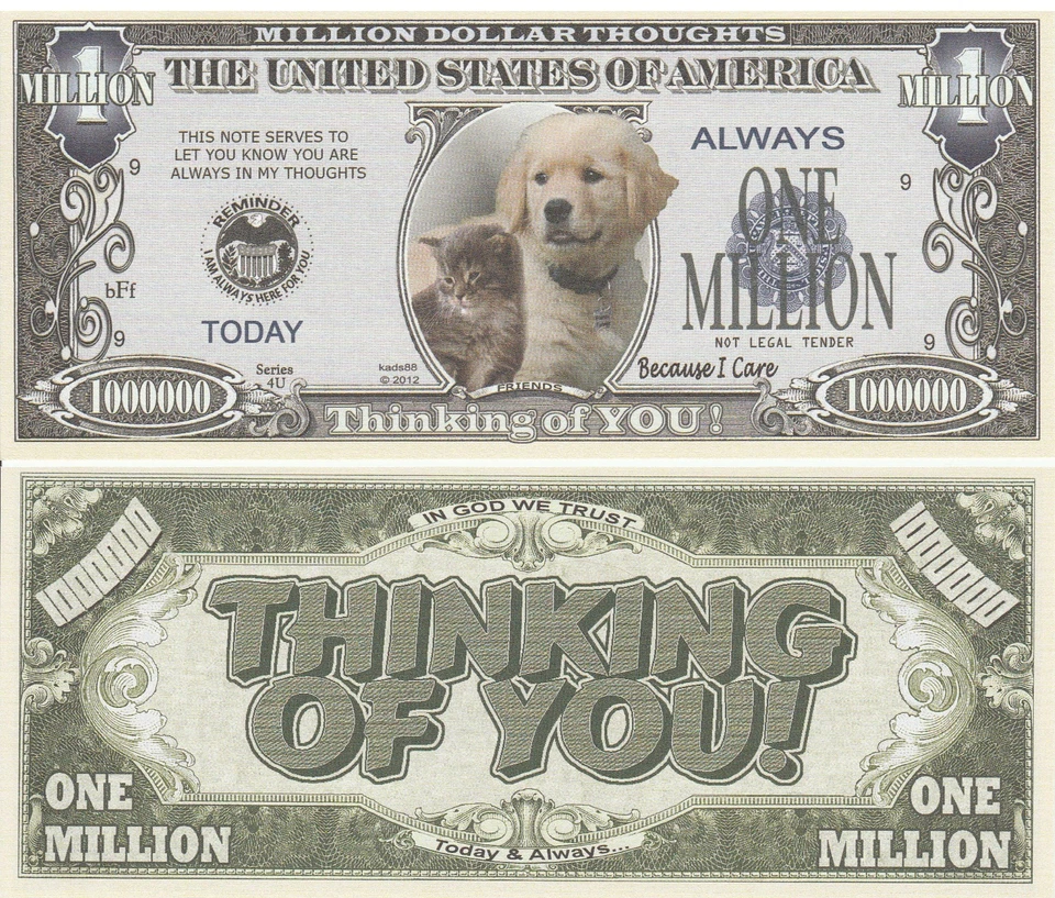 Thinking of You Million Dollar Bill Play Funny Money Novelty Note + FREE SLEEVE