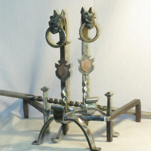 Pair Wrought Iron Andirons Antique Schenk Style Viollet-le-Duc Copper Shield - Picture 5 of 9