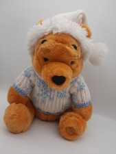 Disney Store Winnie the Pooh in Blue White Snowflake Sweater and Hat Plush 12"