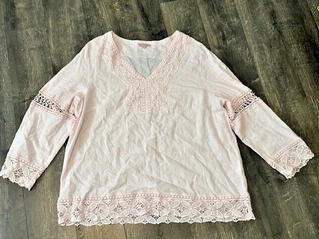 Saint Tropez West Mujer 2X Túnica Rosa Top Encaje Recortado Mezcla de Lino Campesino Boho