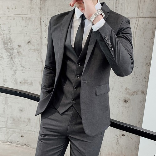 Black Formal Men's Tuxedo Suit Set 3PCS Jacket Vest Pants Wedding Party-image
