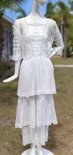 EDWARDIAN TEENS WHITE NET SUMMER DRESS W TIERED SKIRT & LACE EDGING