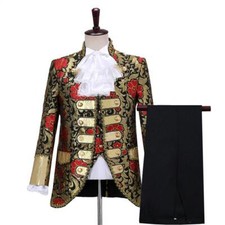 3Pcs Suit Men's Jacquard Dress Blazers Vest Pants Medieval Retro Slim Fit Flower