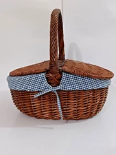 Vintage Woven Picnic Basket Blue & White Checkered Lining 18 x 13 x 9 Split Lid