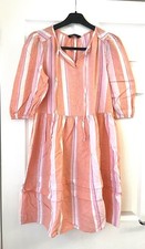 M&S Collection Ladies Boho Chic Dress Coral Mix Stripe, Linen Blend, Size 10