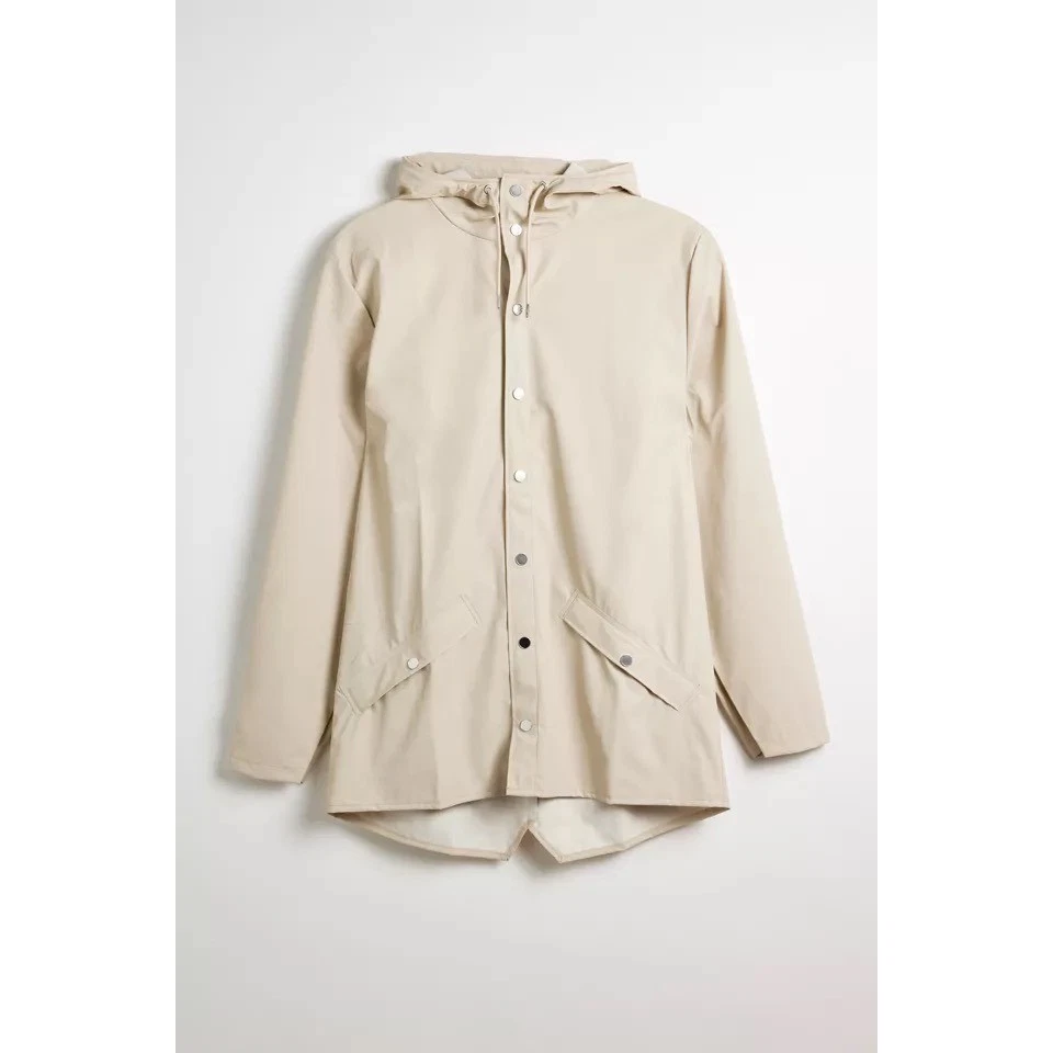Rains NEW Jacket W3 Dune Beige Waterproof Hooded Snap Button 12010 Size XL