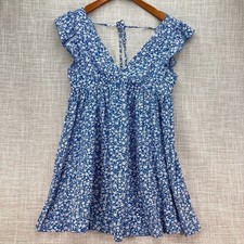 SHEIN Backless Mini Dress Size Small Blue White Floral Flutter Sleeve Tie Back