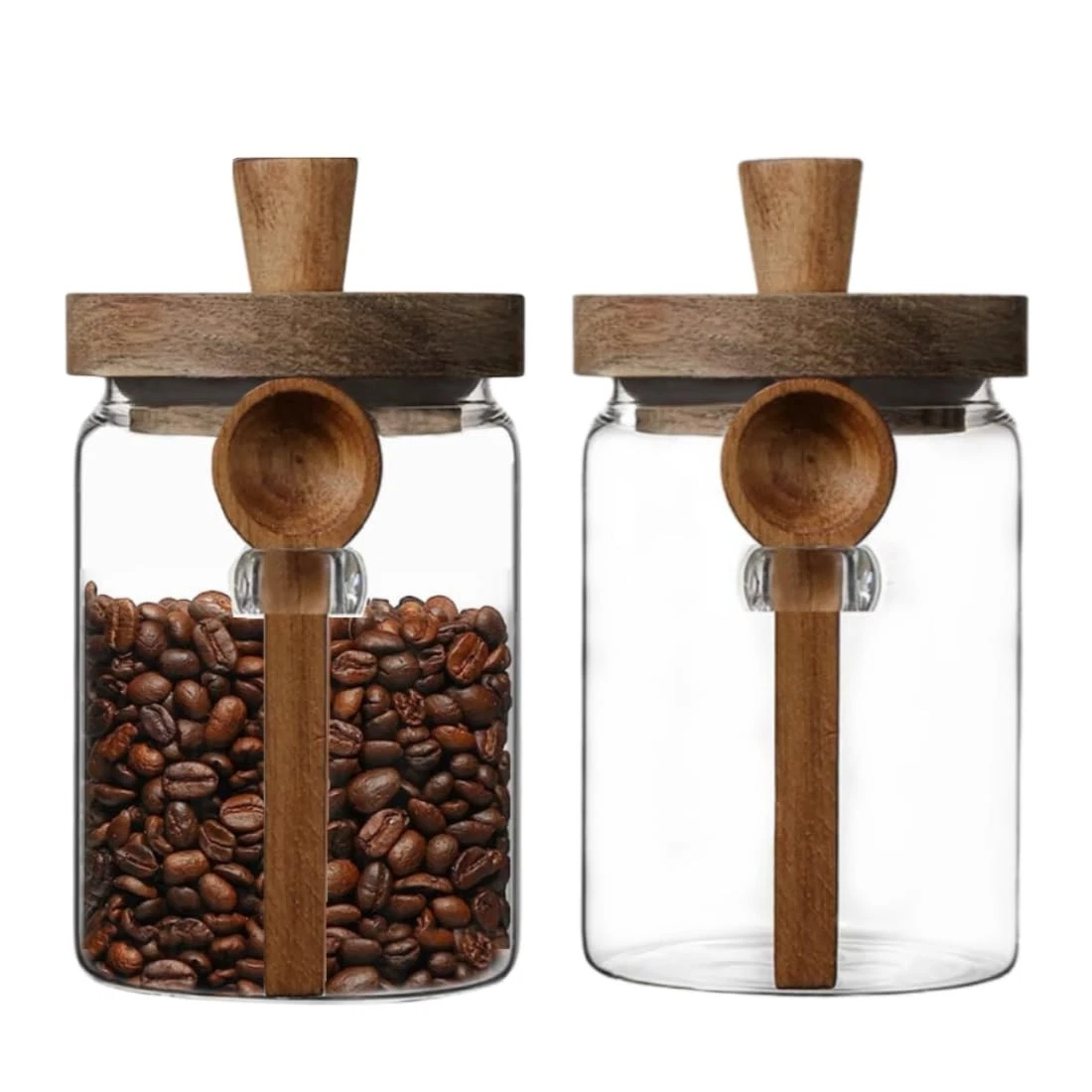 Set of 2 Glass Food Storage Jars with Bamboo Wood Lid and Spoon, 20.3oz Glass...