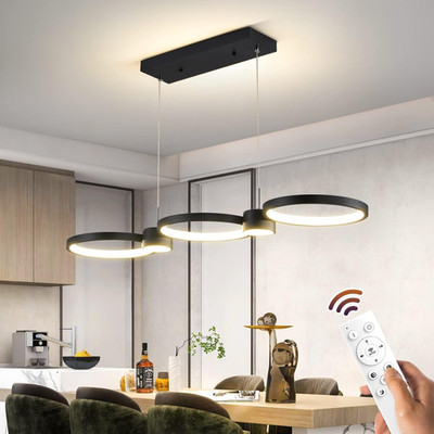 Dimmable LED Chandelier with Remote, Height-Adjustable, Black 3-Ring 36IN