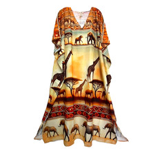 Gypcie Blu Kaftan Caftan Long Dress One Size PLUS 2X 3X brown elephant giraffe