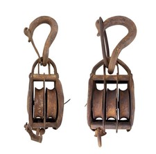 Antique Farm Barn Hoist Double AND Triple Pulleys Block Cast Iron Hook Primitive