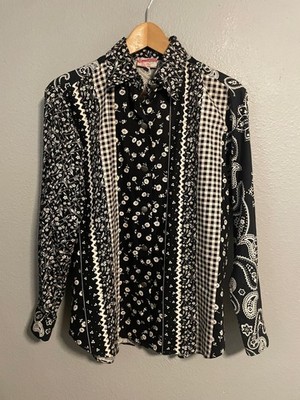 Vintage Button Up Top Womens Medium Black Paisley Gingham Western 90s READ