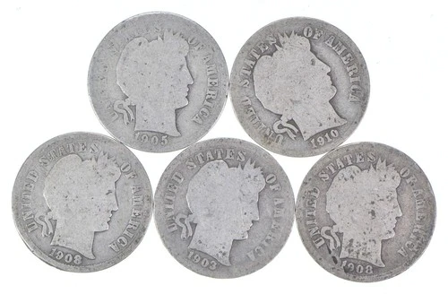 Better Lot 5 1905-O 1910-D 1908-D 1903-O 1908-D Barber Dime 0.50 Face *255