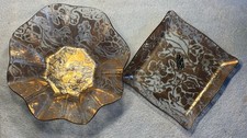 Vtg-2pc 60’s Ricco Verre Belique 10 & 7” Glass Plates Floral Gold, Hollywood Reg