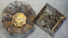 Vtg-2pc 60’s Ricco Verre Belique 10 & 7” Glass Plates Floral Gold, Hollywood Reg