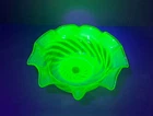Vintage Fenton Green Opalescent Spiral Optic Ruffle Edge Bowl UV Reactive Glass