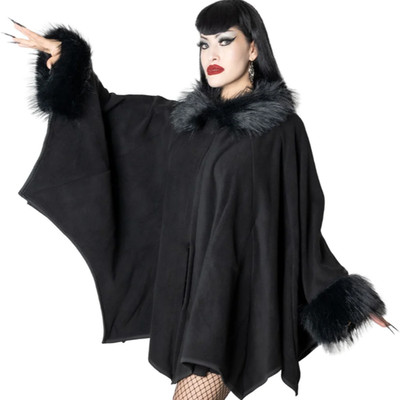 Kreepsville 666 Glamour Ghoul Web Cape BlackFur Bat Wing Fleece Pocket 2X-4XL