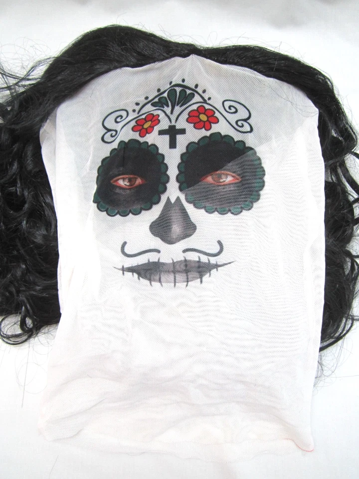 Halloween Adult Day of the Dead Mask w Black Hair Costumes Parties nylon sleeve - Image 4 of 4