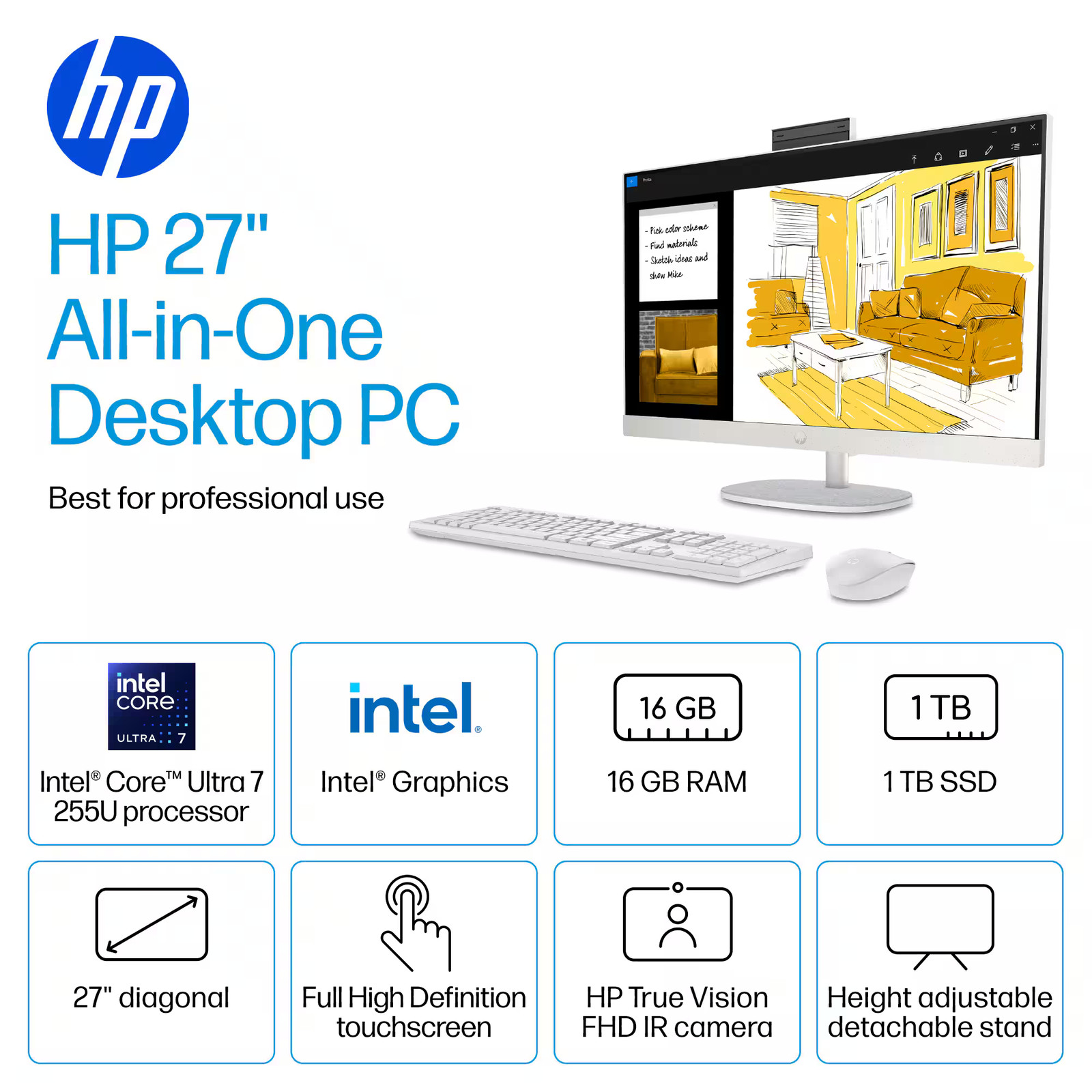 HP 27" Touch All-in-One Intel Ultra 7 Turbo Boost to 5.2GHz 2TB SSD 32GB RAM PC