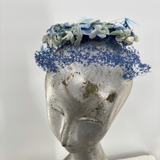 Vtg 50s Blue Floral Fascinator Hat Birdcage Veil Union Made Cocktail Pillbox USA