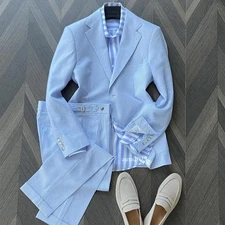 Autumn Blue Stripe Suit Set Coat Men's Business Thin Single Button Jacket Pants
