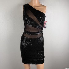 Obsession Boutique Black Sequin Mini Dress S One Shoulder Mesh Cutout Ruched