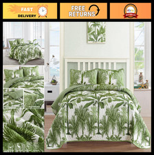 Tropical Plants Quilt Set King Size - 3 Piece Green Palm Botanical Bedding, Soft