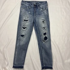 American Eagle Women's Hi Rise Jegging Crop Distressed Raw Hem Stretch Jeans 4