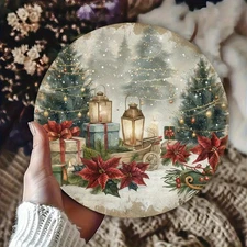 2D Flat, 1pc 7.87X 7.87Inch Vintage Snowy Night Blessing Aluminum Wall Art Cozy