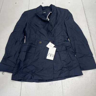 Zara Navy Blue Linen Blend Button Front Blazer Jacket Women's Size