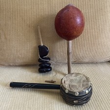 Lot 3 vintage rustic primitive music instruments gourd maraca drum water chestnu
