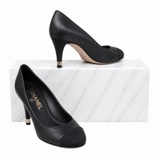 Chanel CC Logo Gold Tipped Heel Cap Toe Leather Pump Black Women Size 38