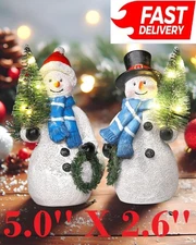 Resin Snowmen Figurines with Lighted Christmas Tree and Wreath 5'' - Set of 2 Ba