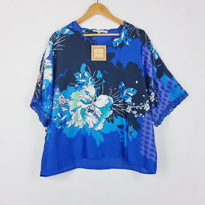 #ad Noni B Women#x27;s Size 12 Blue Patterned Scallop Neck Batwing Sleeved Top Brand New AU $28.90