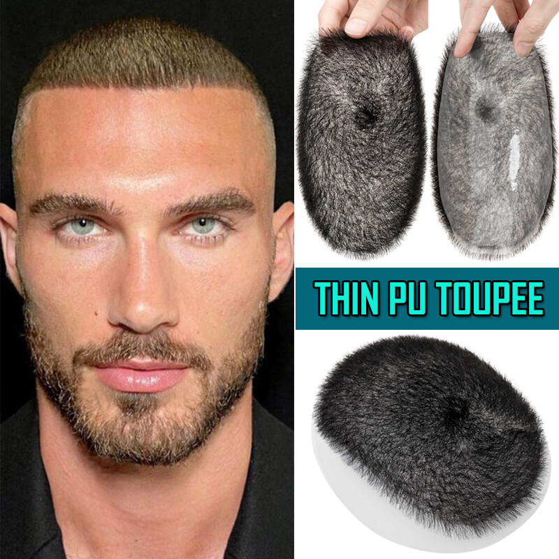 PU Thin Skin Men's Toupee Human Hair Replacement System Buzz Cut Short Hair  Wigs