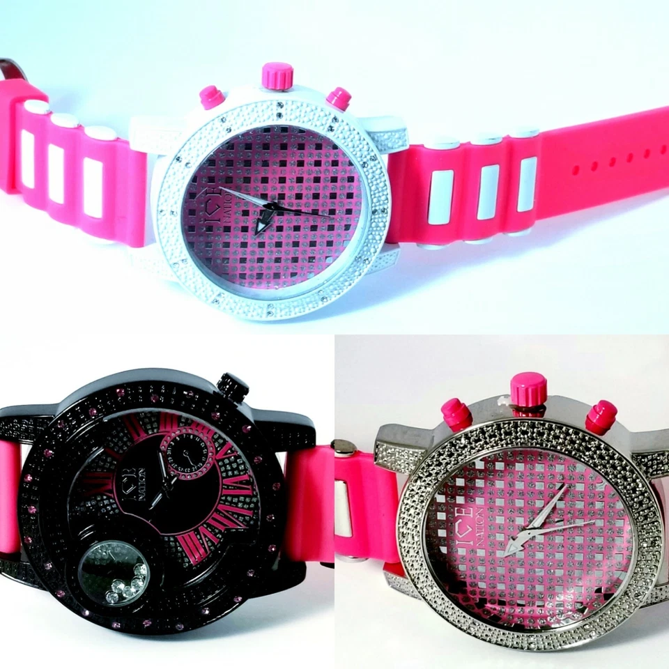 Women's Pink & Black Big Face CZ Pink watch ice out watch w/Floating stones - Image 2 of 4