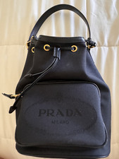 PRADA Logo 1BH038 Jacquard Bucket Bag Drawstring 2WAY Shoulder Canvas Black