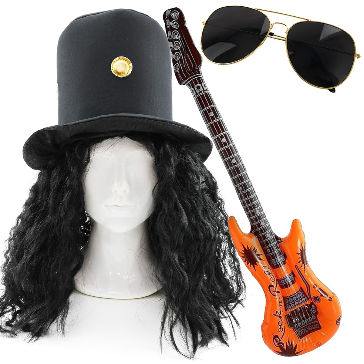 ADULTS SLASH 1980 GUITARIST COSTUME 90 MUSIC ICON FANCY DRESS HAT GLASSES  GUITAR
