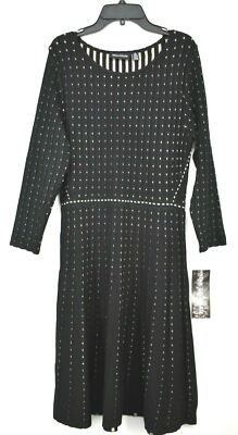 Nina Leonard Womens Dot Pattern 3/4 Sleeve Sweater Dress Scoop Neck Ribbed M $50