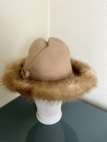 MR JOHN JR. VTG 1960s Womens Camel Fedora Wool Mink Fur Trim Hat Excello 6 3/4 - Picture 2 of 20