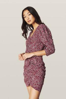  Ba&sh Crystal Ruched 3/4 Sleeve Red Floral Print Dress Sz 2 Medium US Sz 8