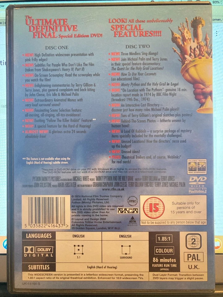 Monty Python and the Holy Grail DVD (2002) Graham Chapman, Gilliam 2 disc PAL - Image 3 of 3