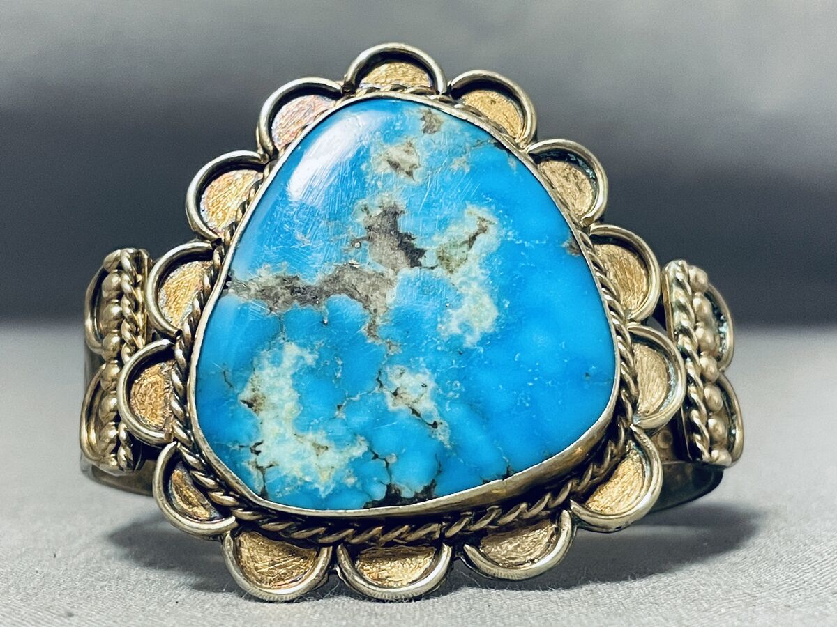 Very Rare Gold Vintage Native American Navajo Morenci Turquoise Sterling Silver Bracelet Very Rare Gold Vintage Native American Navajo Morenci Turquoise Sterling Silver Bracelet