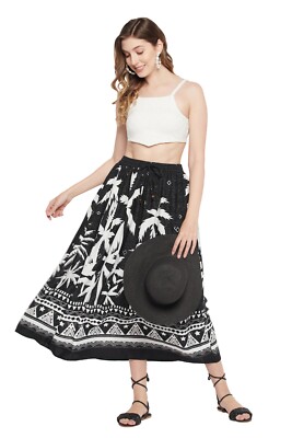 Women's Black Maxi Skirt A-Line Boho Elastic High Waist Casual