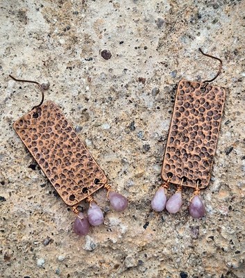 Ancient Dynastic Pink Jade In Rugged Artisan Antiquated Copper Chimes Earrings
