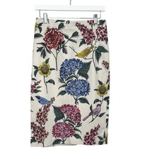 Boden Skirt Womens 6 Ivory Floral Bird Pencil Cotton Blend Lined 25.5" Midi