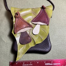 Leather Leaf  Mushroom Fantasy Cross Body Pouch Brown Green Beige One Size