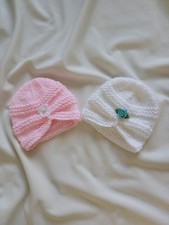 New 2 Premature baby girl hand knitted hats White Pink bows Turban Style